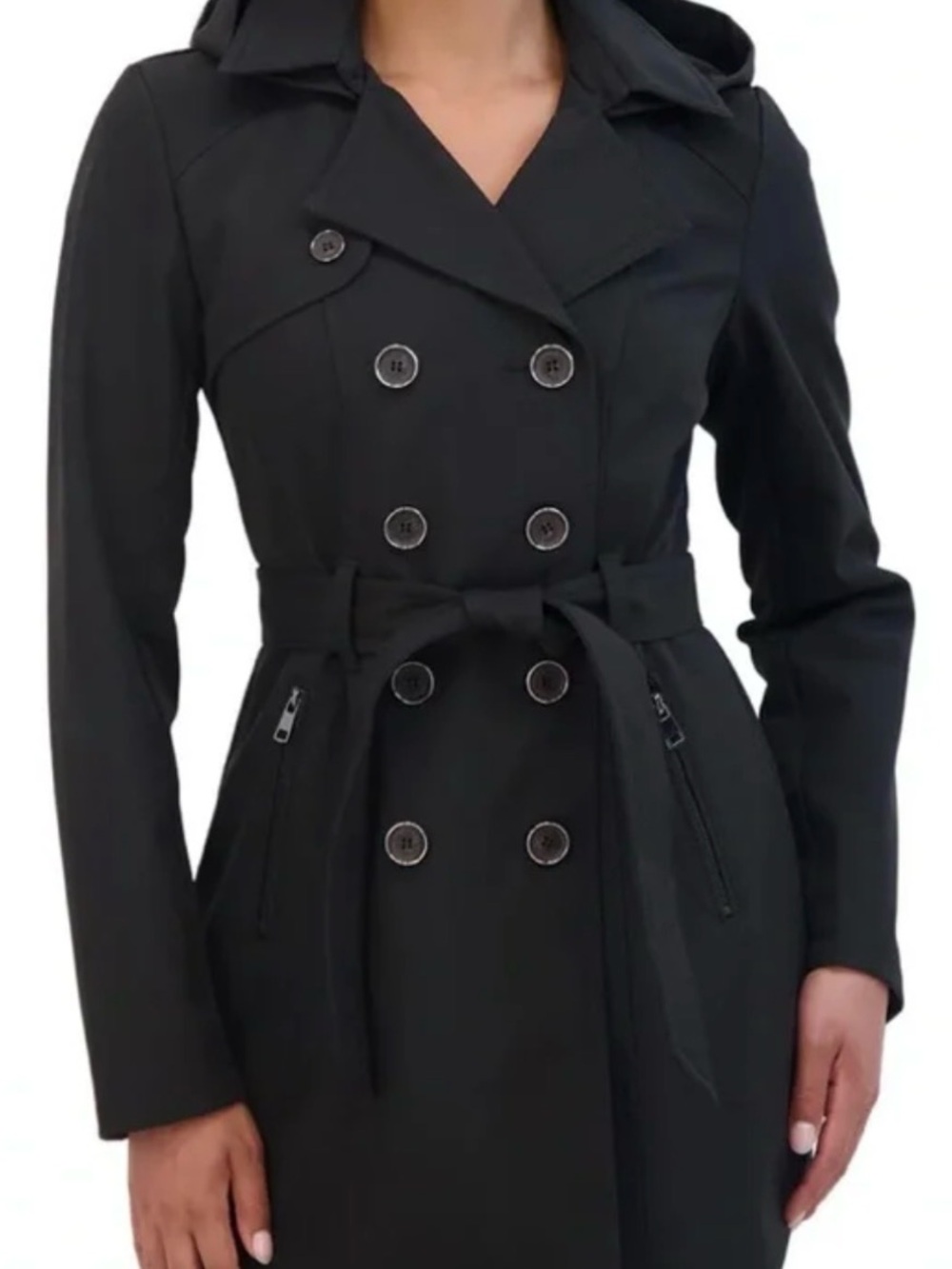 Black Double-Breasted Trench Coat with Waist Tie